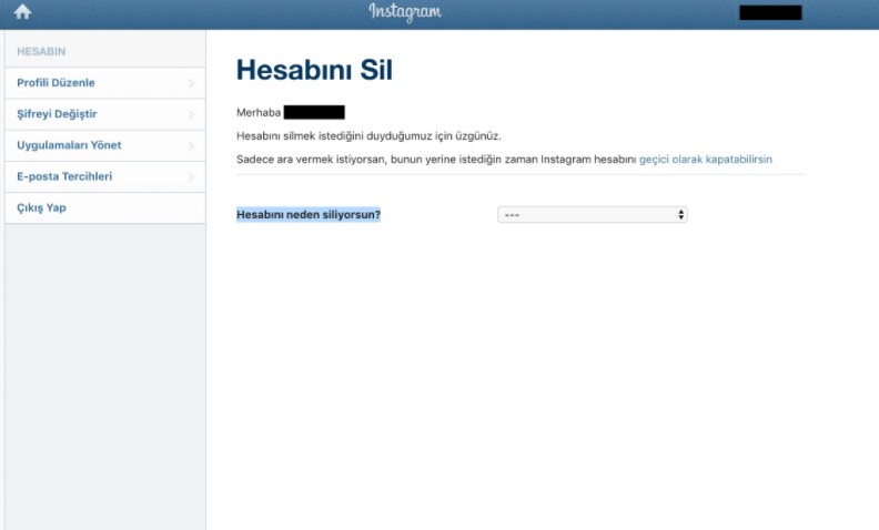 instagram hesap silme linki